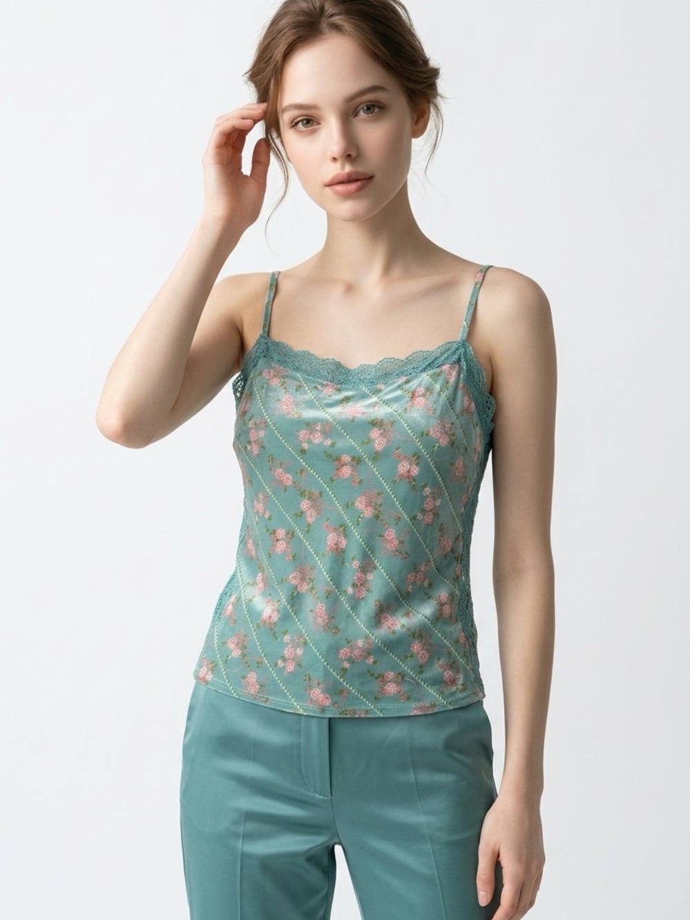 FREE PEOPLE | NEW Floral Lace-Trim Slip Tank Top Teal Green Women’s Size Small